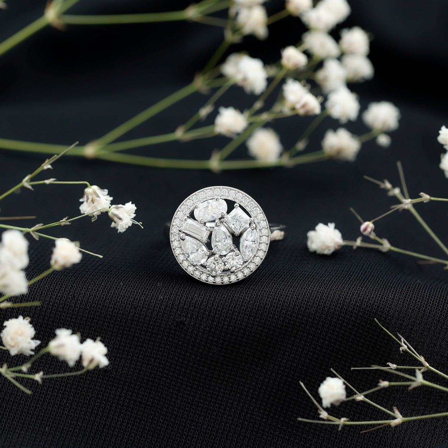 Sterling Silver Moissanite Cluster Engagement Ring for Women