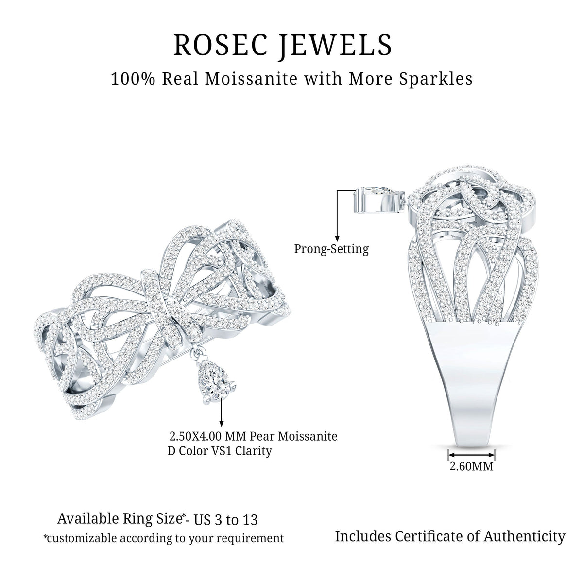 Women's Moissanite Designer Engagement Ring in 14K Gold Plated Silver