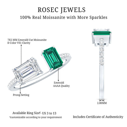 Certified Moissanite and Lab Grown Emerald Toi Et Moi Engagement Ring