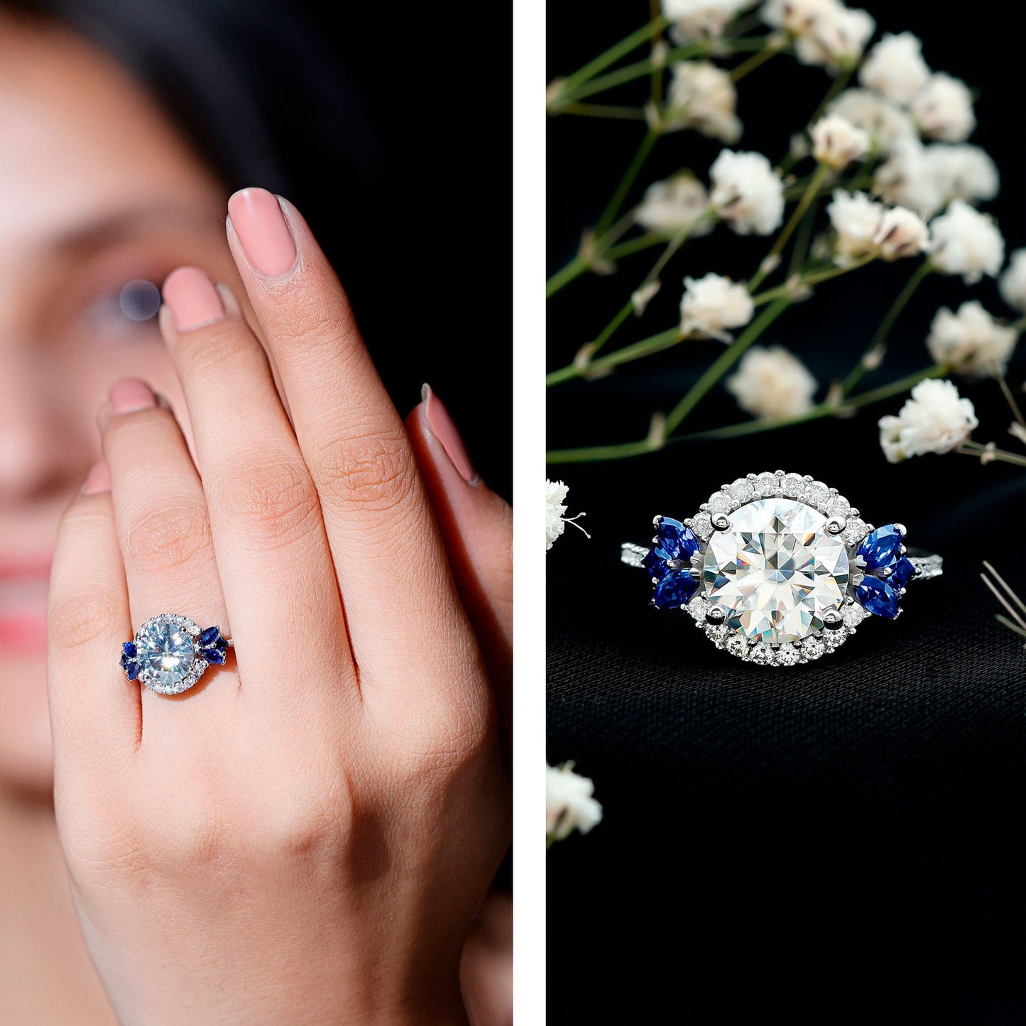Certified Moissanite 3 Carat Engagement Ring with Lab Grown Blue Sapphire