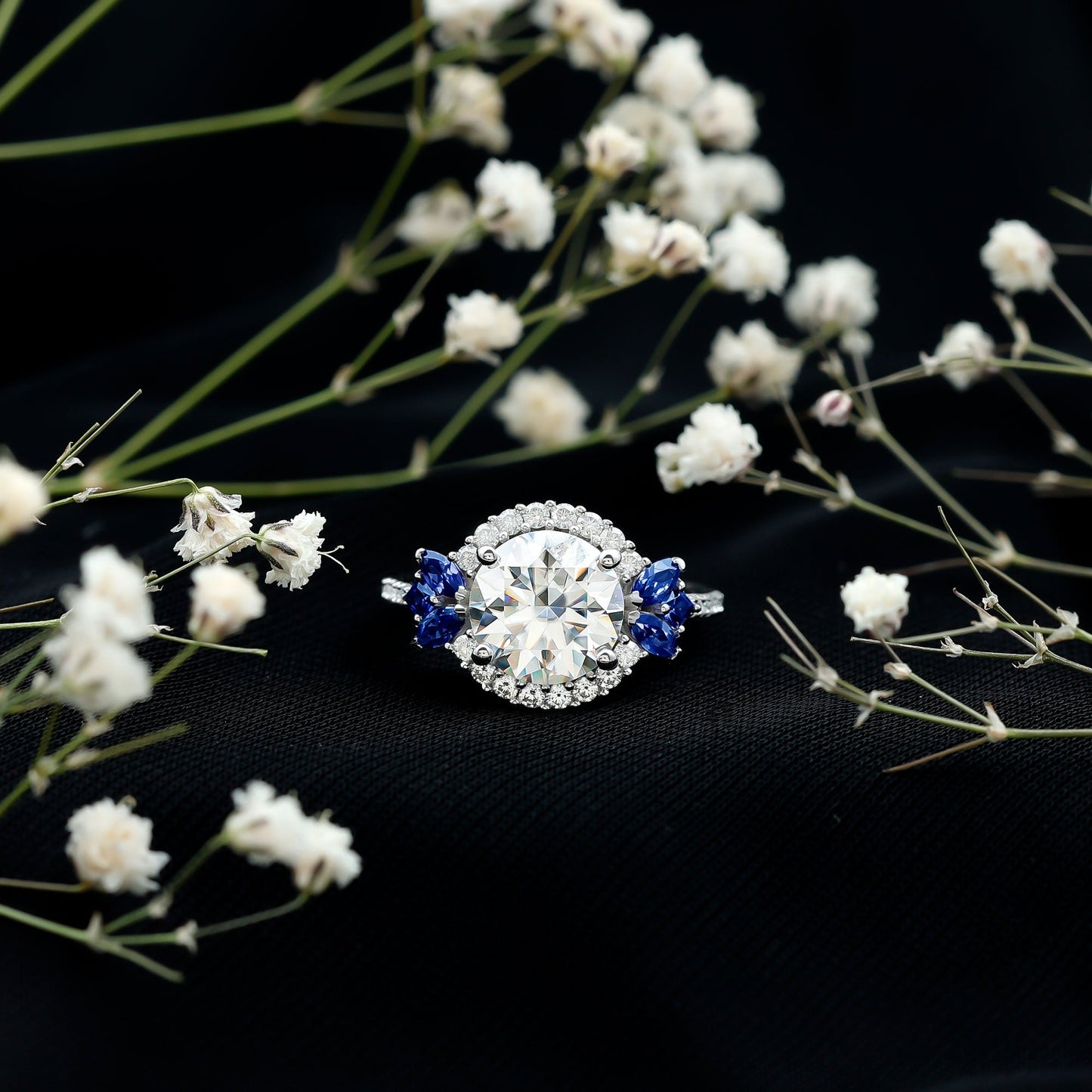 Certified Moissanite 3 Carat Engagement Ring with Lab Grown Blue Sapphire