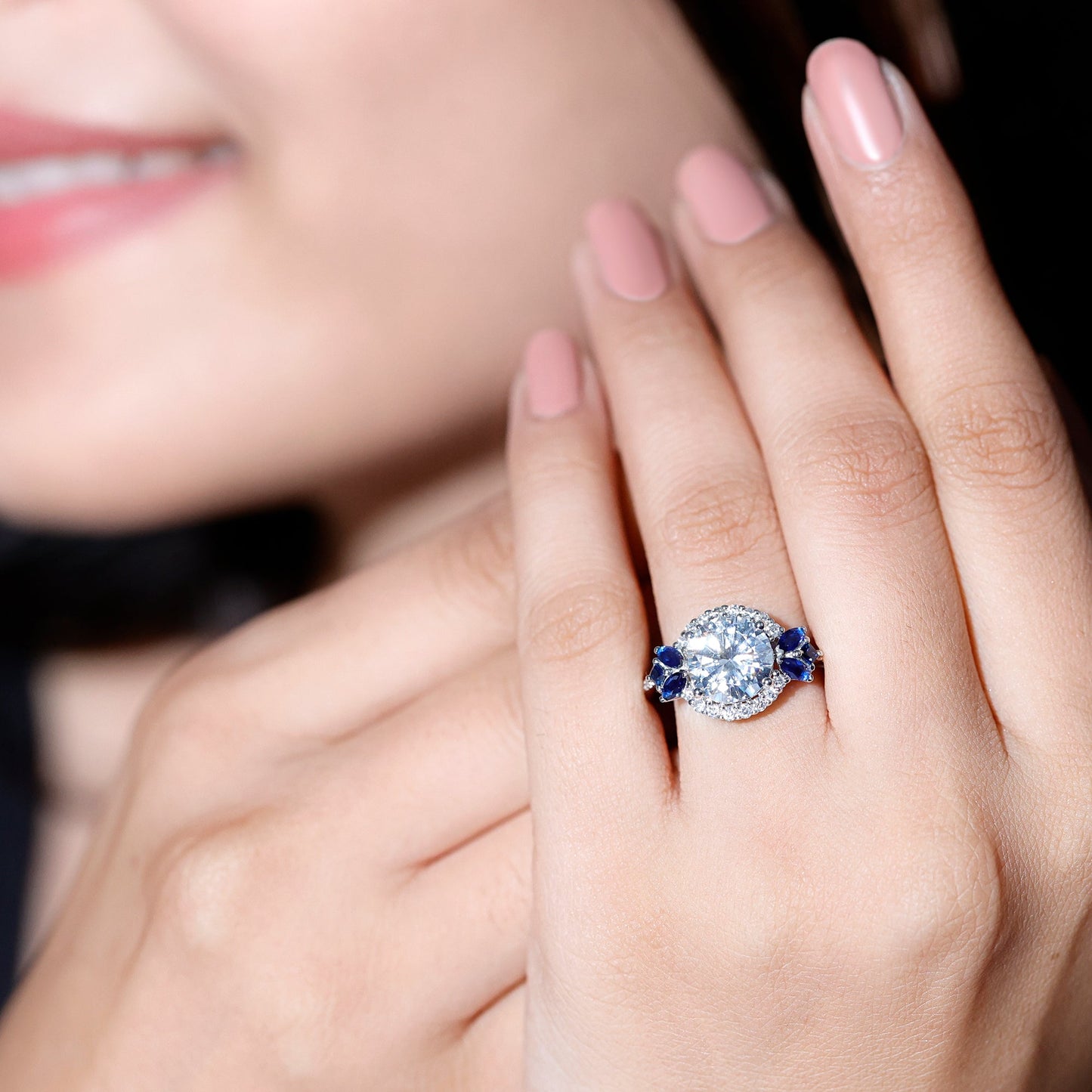 Certified Moissanite 3 Carat Engagement Ring with Lab Grown Blue Sapphire