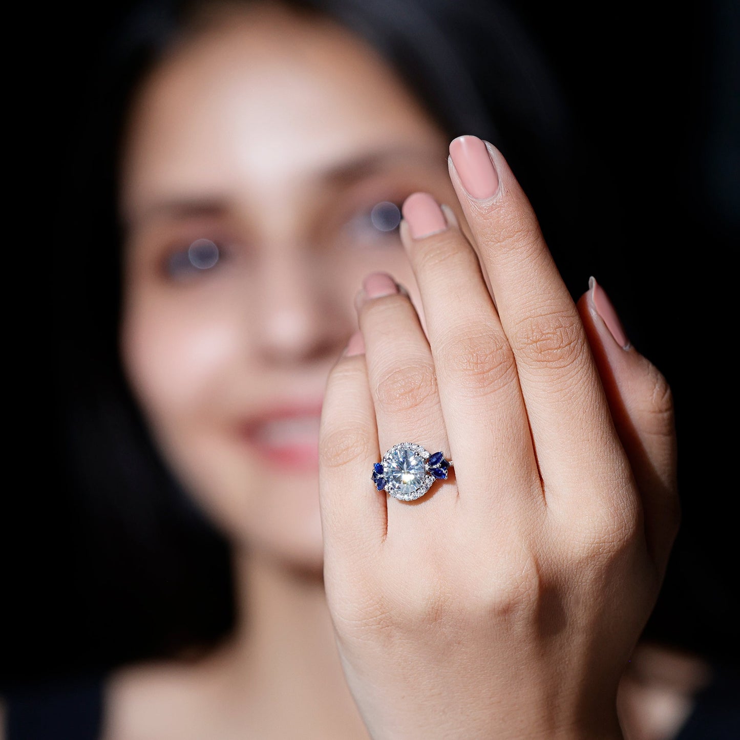 Certified Moissanite 3 Carat Engagement Ring with Lab Grown Blue Sapphire