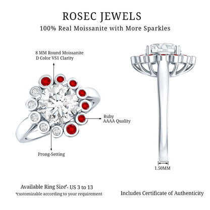 Certified 2 Carat Moissanite Designer Engagement Ring with Lab Grown Ruby
