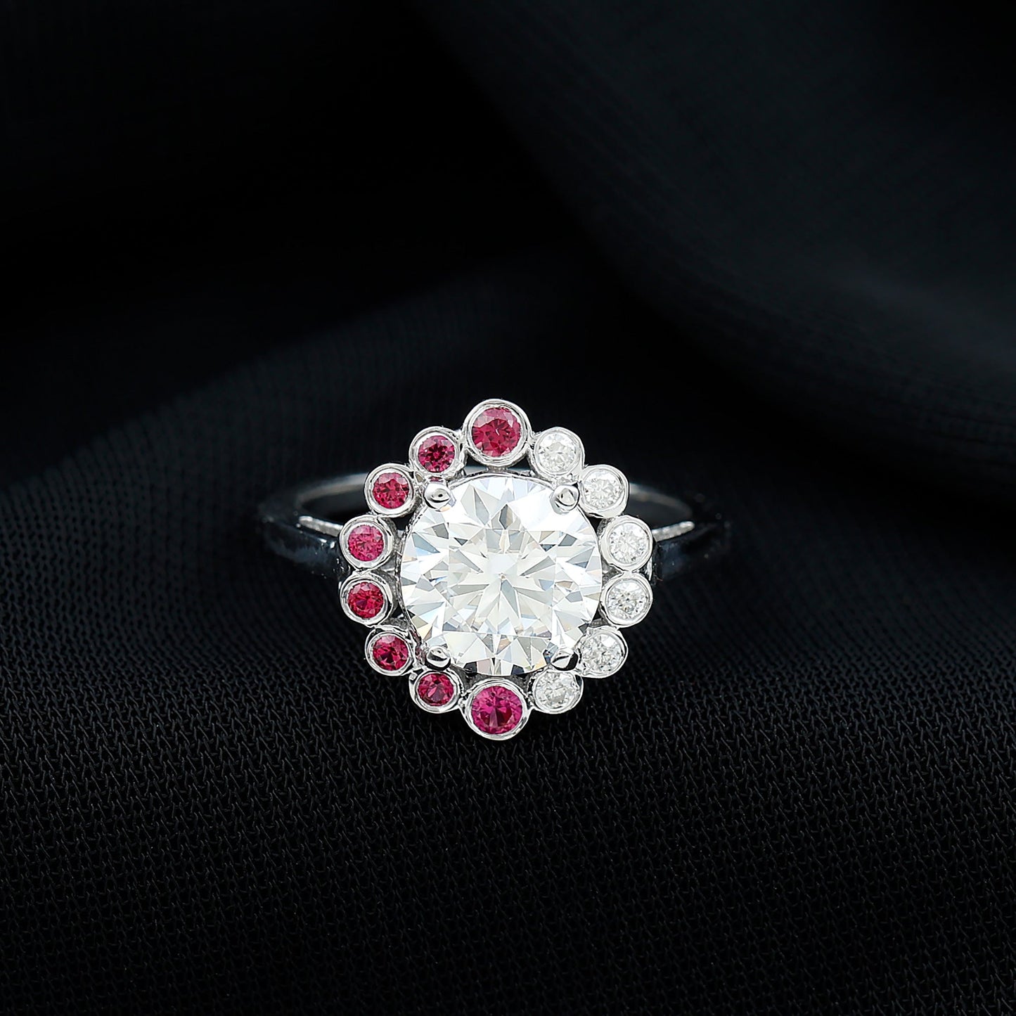 Certified 2 Carat Moissanite Designer Engagement Ring with Lab Grown Ruby