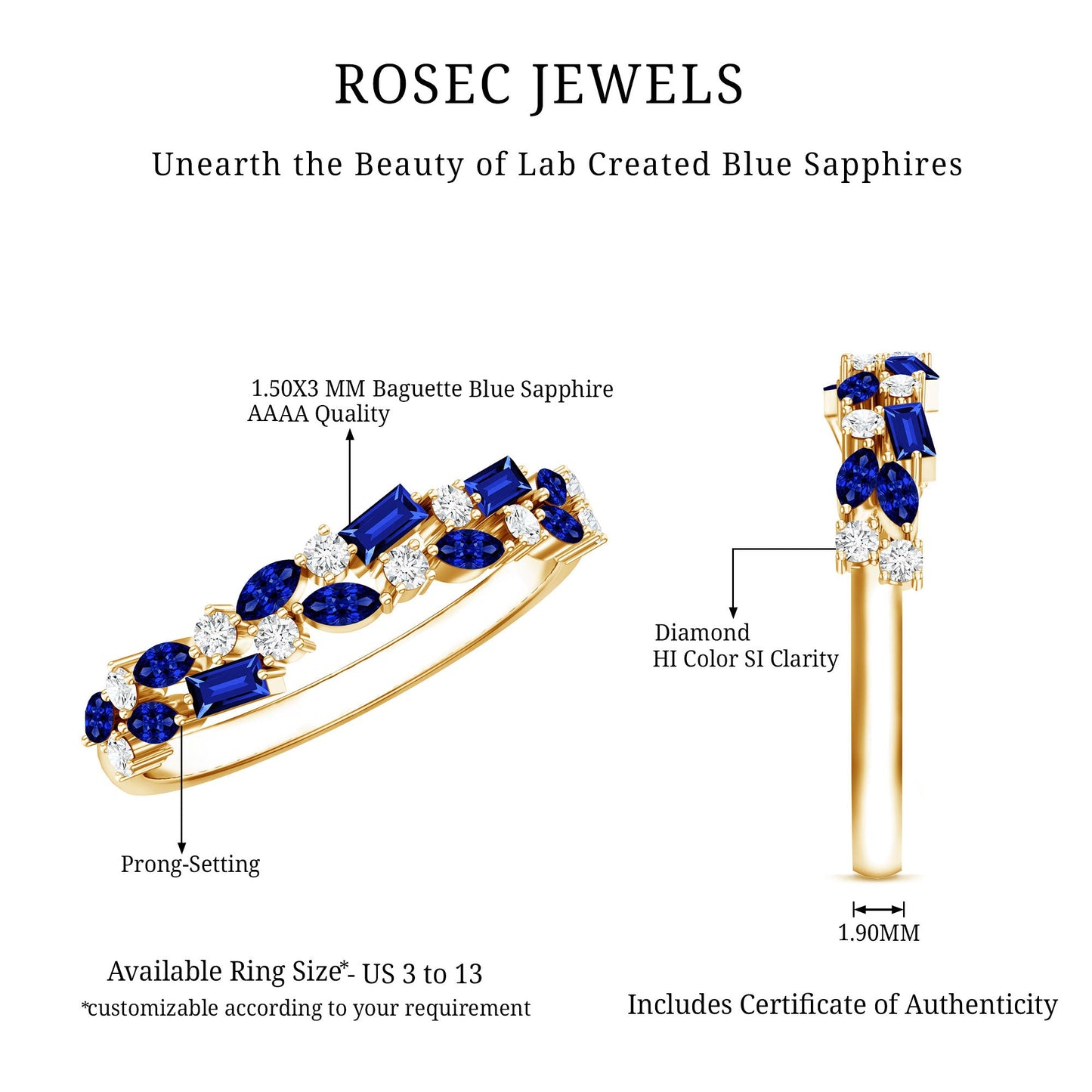 Certified Lab Grown Blue Sapphire Diamond Half Eternity Band Ring
