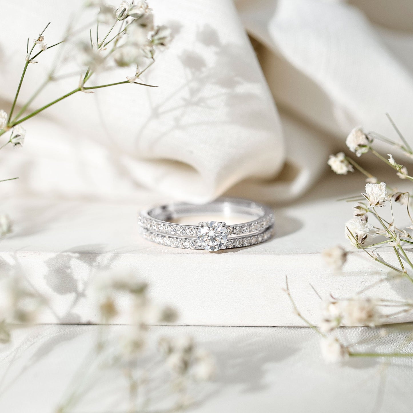 Round Cut Moissanite Engagement Ring with Eternity Band
