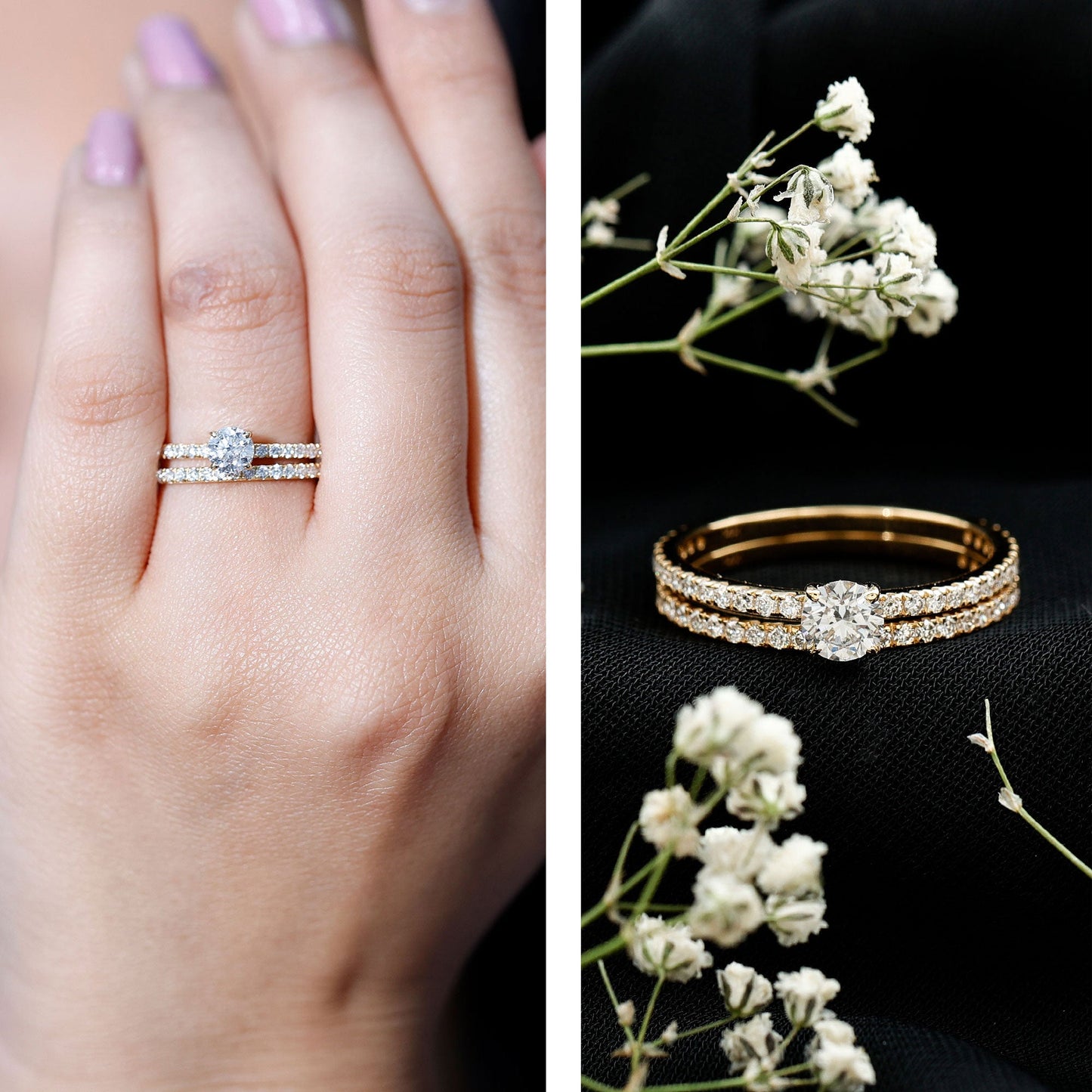 Round Cut Moissanite Engagement Ring with Eternity Band