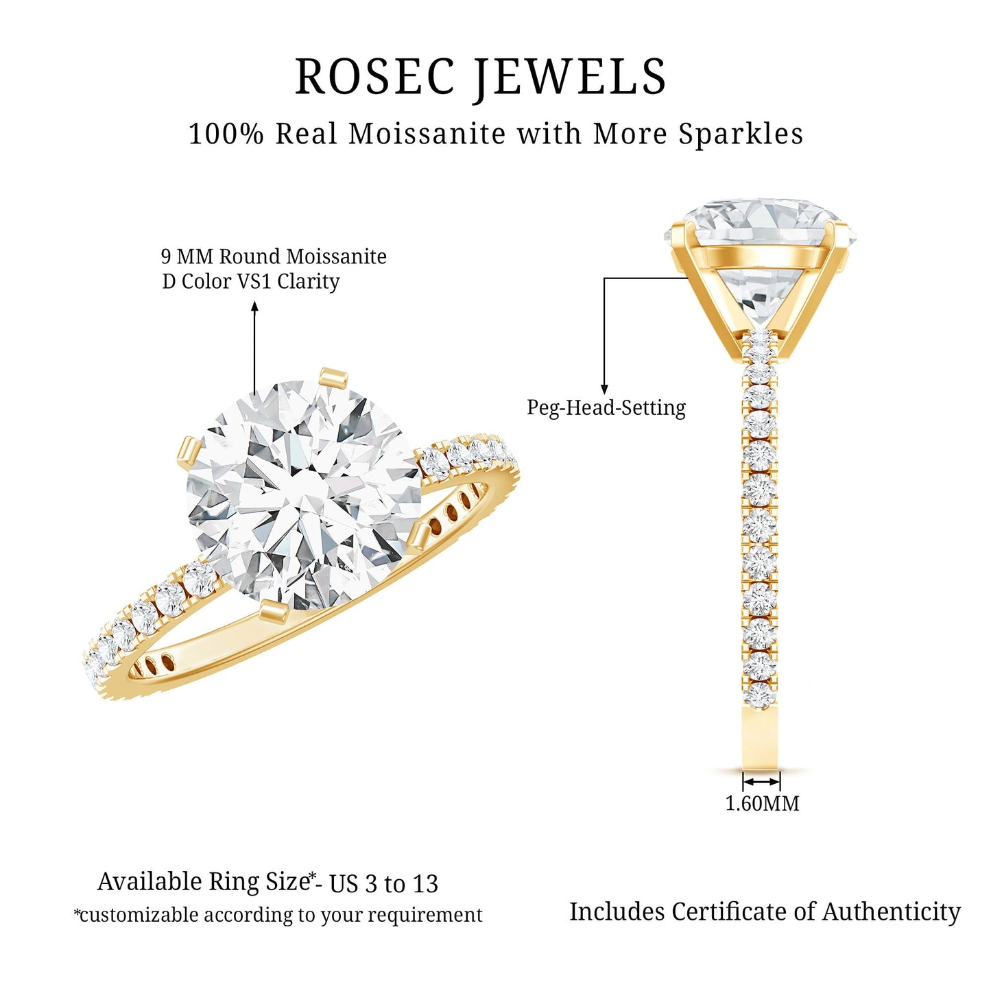 3 Carat Brilliant Cut Moissanite Classic Engagement Ring In Gold Plated Silver