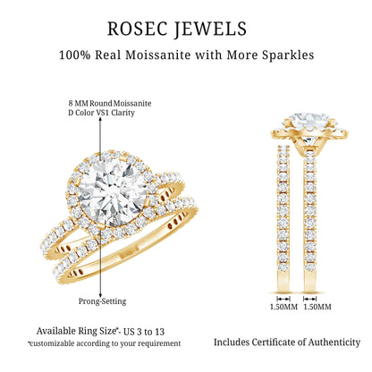 2 Carat Round Shape Moissanite Halo Wedding Ring Set