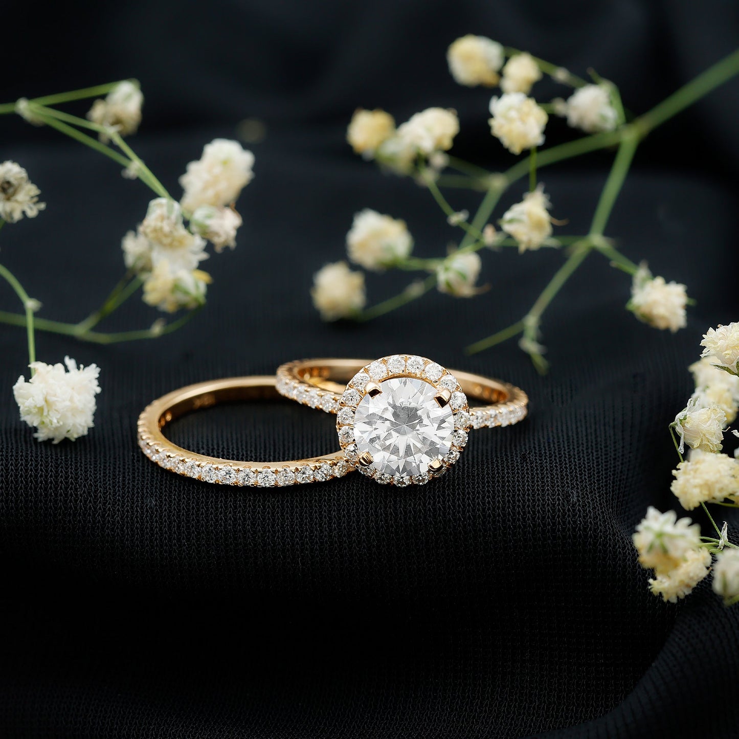 2 Carat Round Shape Moissanite Halo Wedding Ring Set