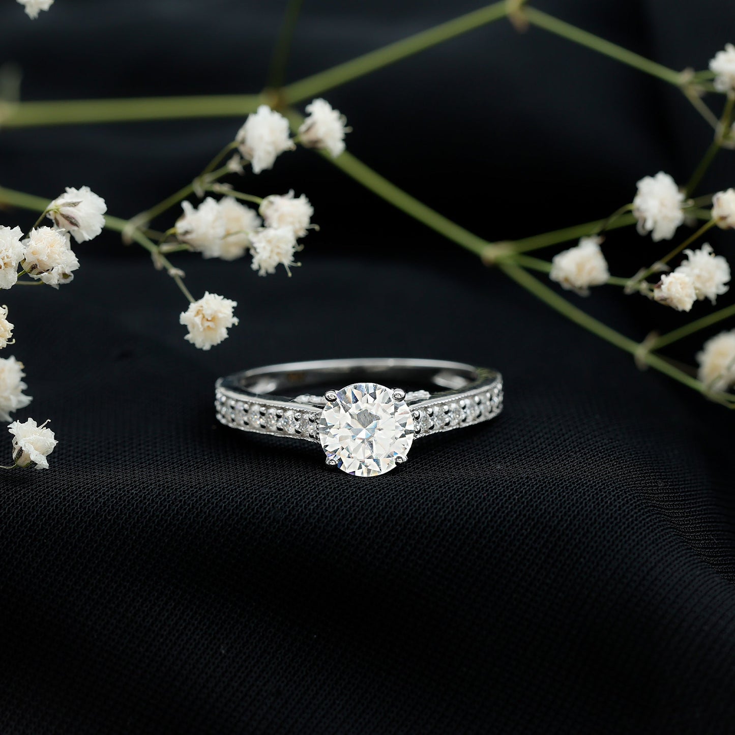 Certified 2 Carat Moissanite Solitaire Engagement Ring With Side Stones