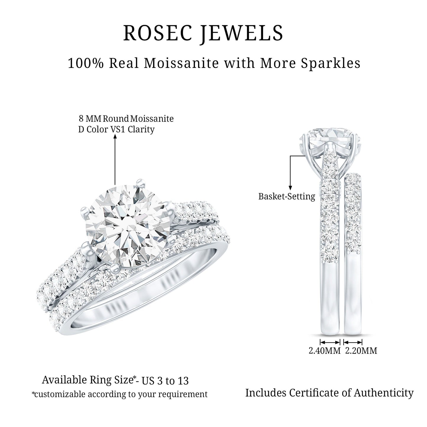 2 Carat Moissanite Solitaire Engagement Ring Set With Eternity Band