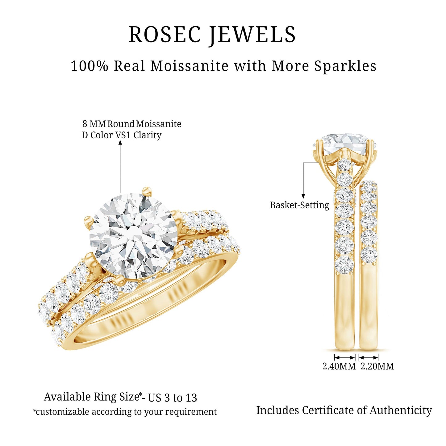2 Carat Moissanite Solitaire Engagement Ring Set With Eternity Band