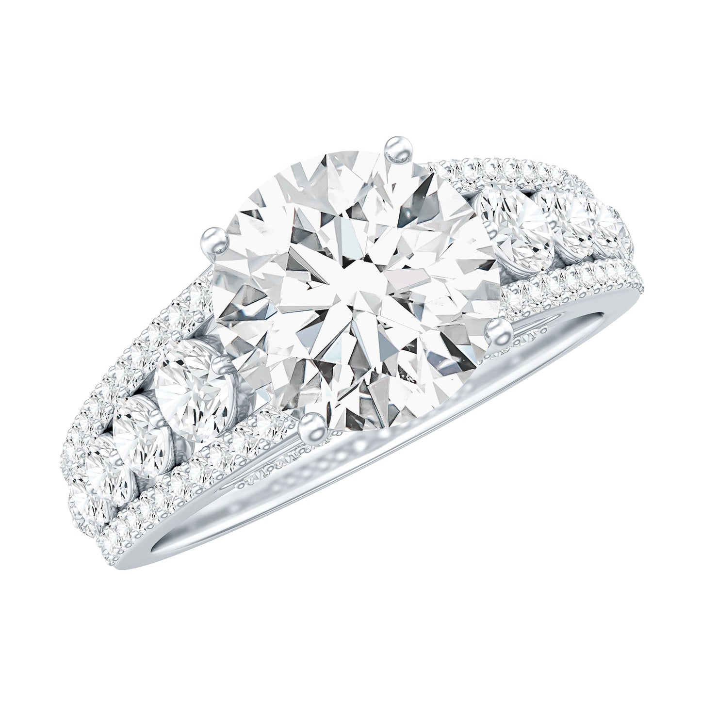 Round Brilliant Cut Moissanite Side Stone Engagement Ring