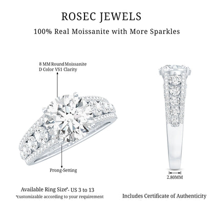 Round Brilliant Cut Moissanite Side Stone Engagement Ring