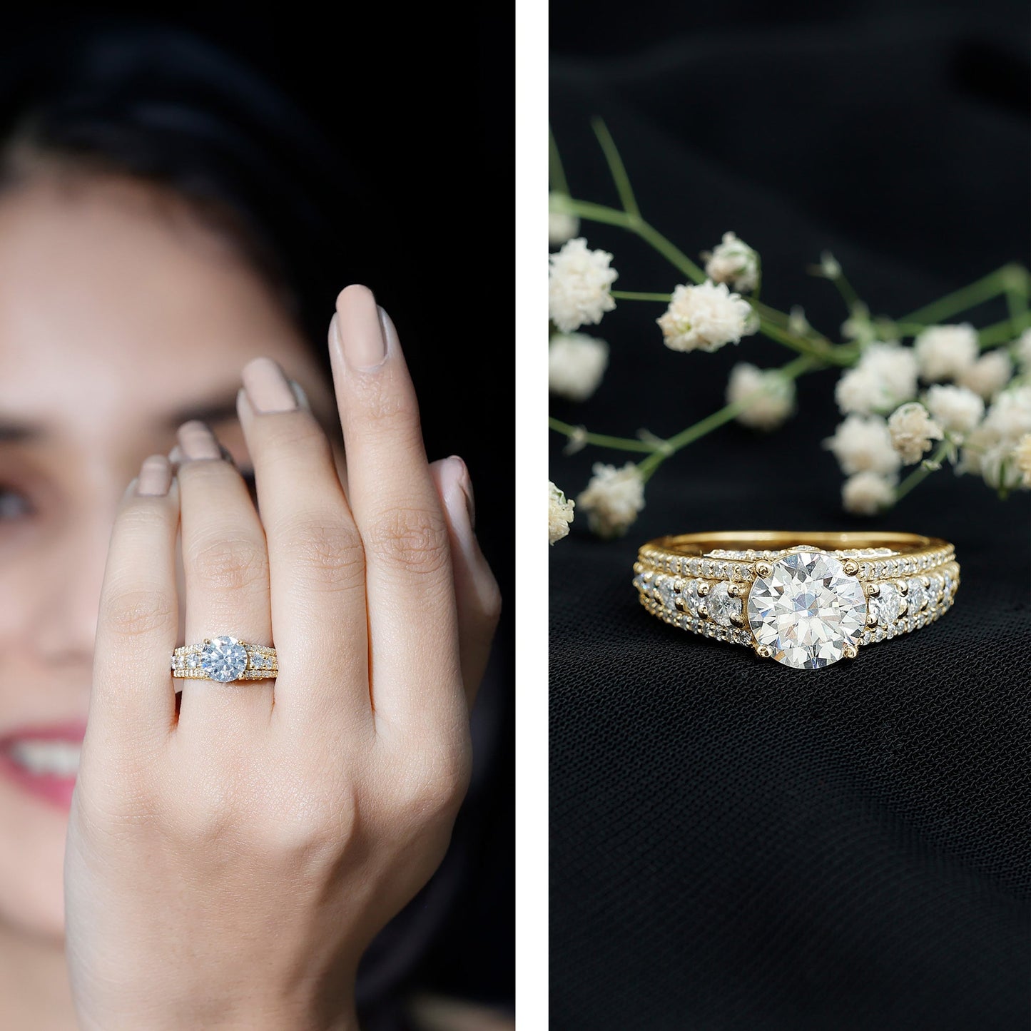Round Brilliant Cut Moissanite Side Stone Engagement Ring
