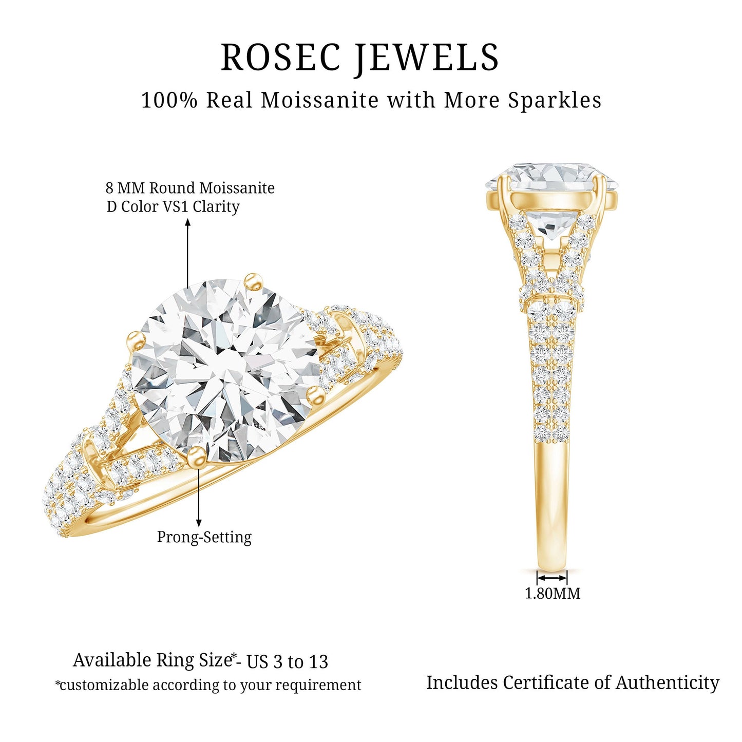 Round Shape Moissanite Solitaire Engagement Ring in Split Shank