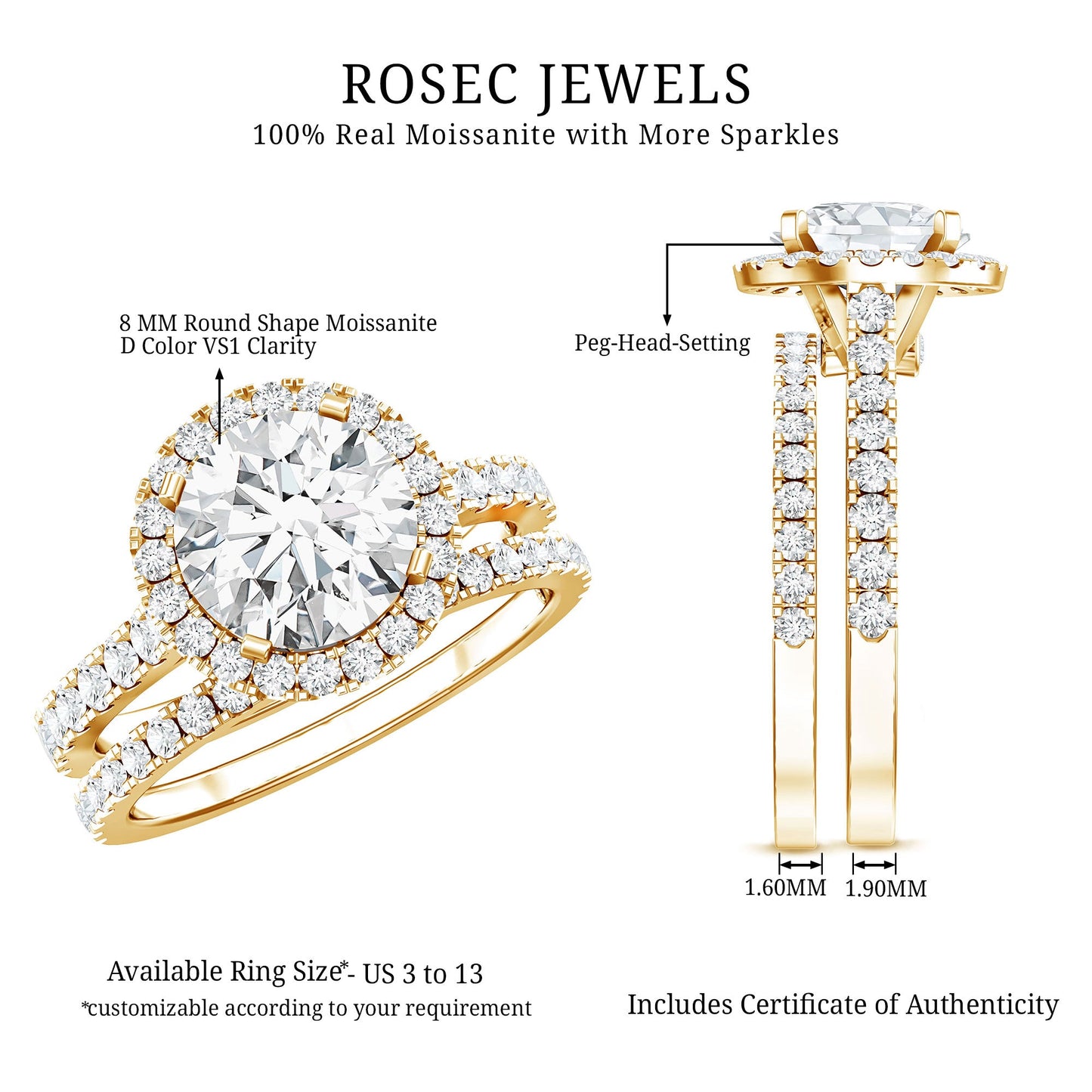 2 Carat Moissanite Classic Halo Wedding Ring Set