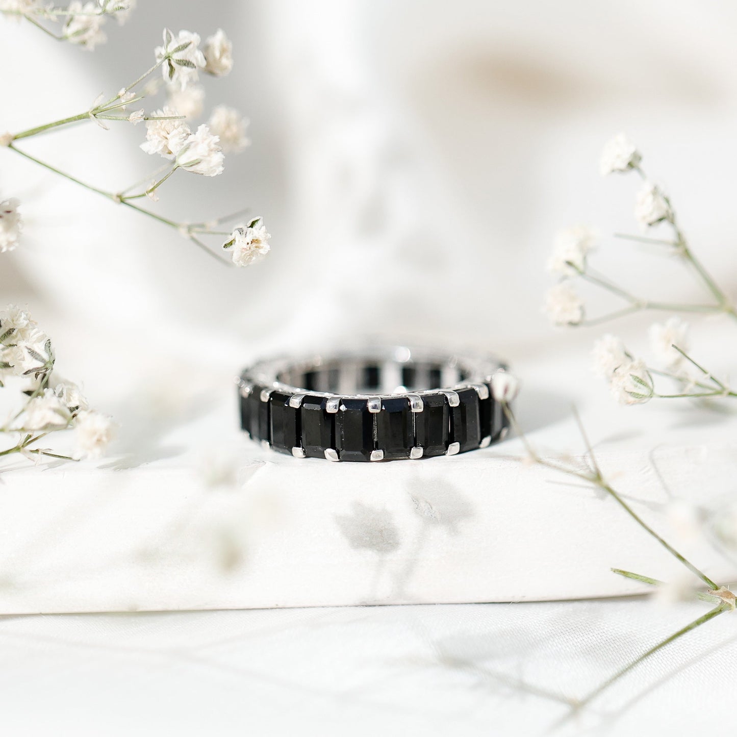 Emerald Cut Black Spinel Eternity Band