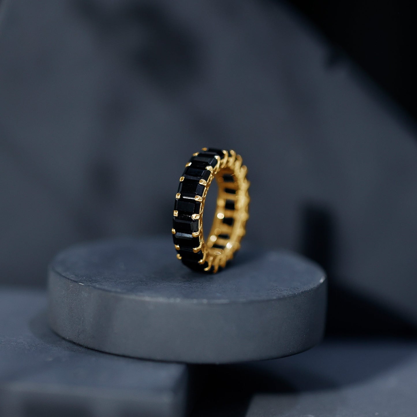 Emerald Cut Black Spinel Eternity Band