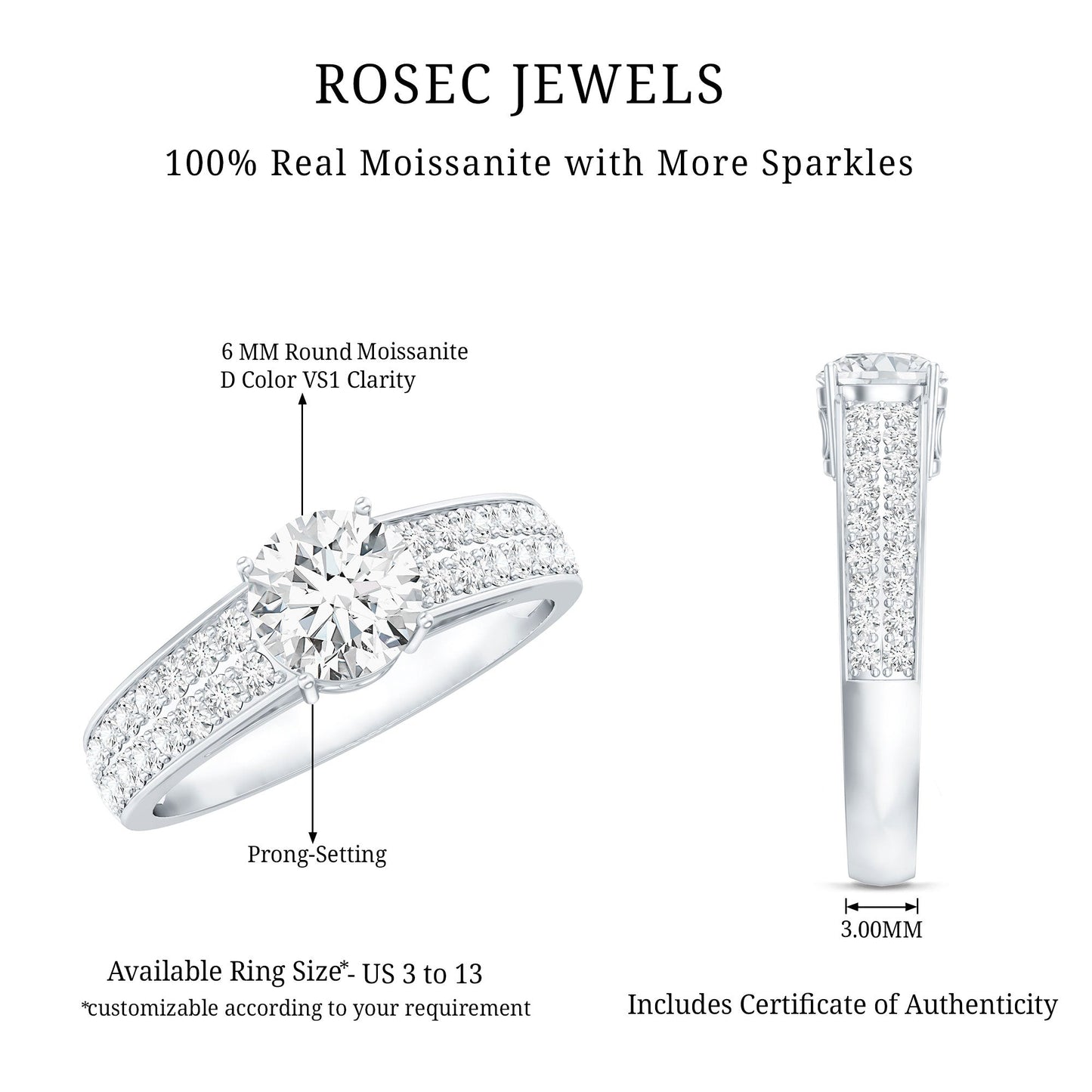 Round Moissanite Engagement Ring with Side Stones