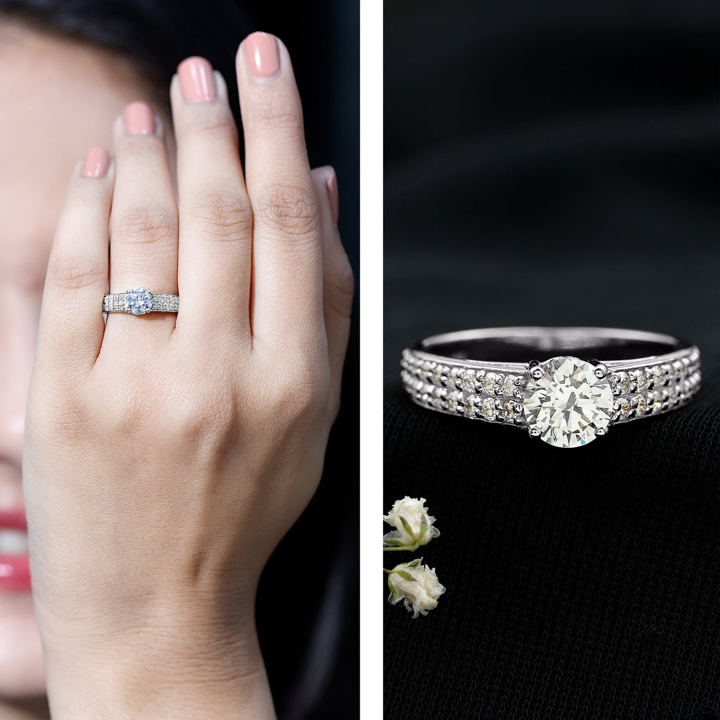 Round Moissanite Engagement Ring with Side Stones
