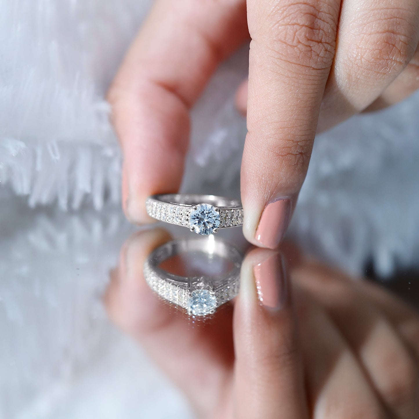 Round Moissanite Engagement Ring with Side Stones