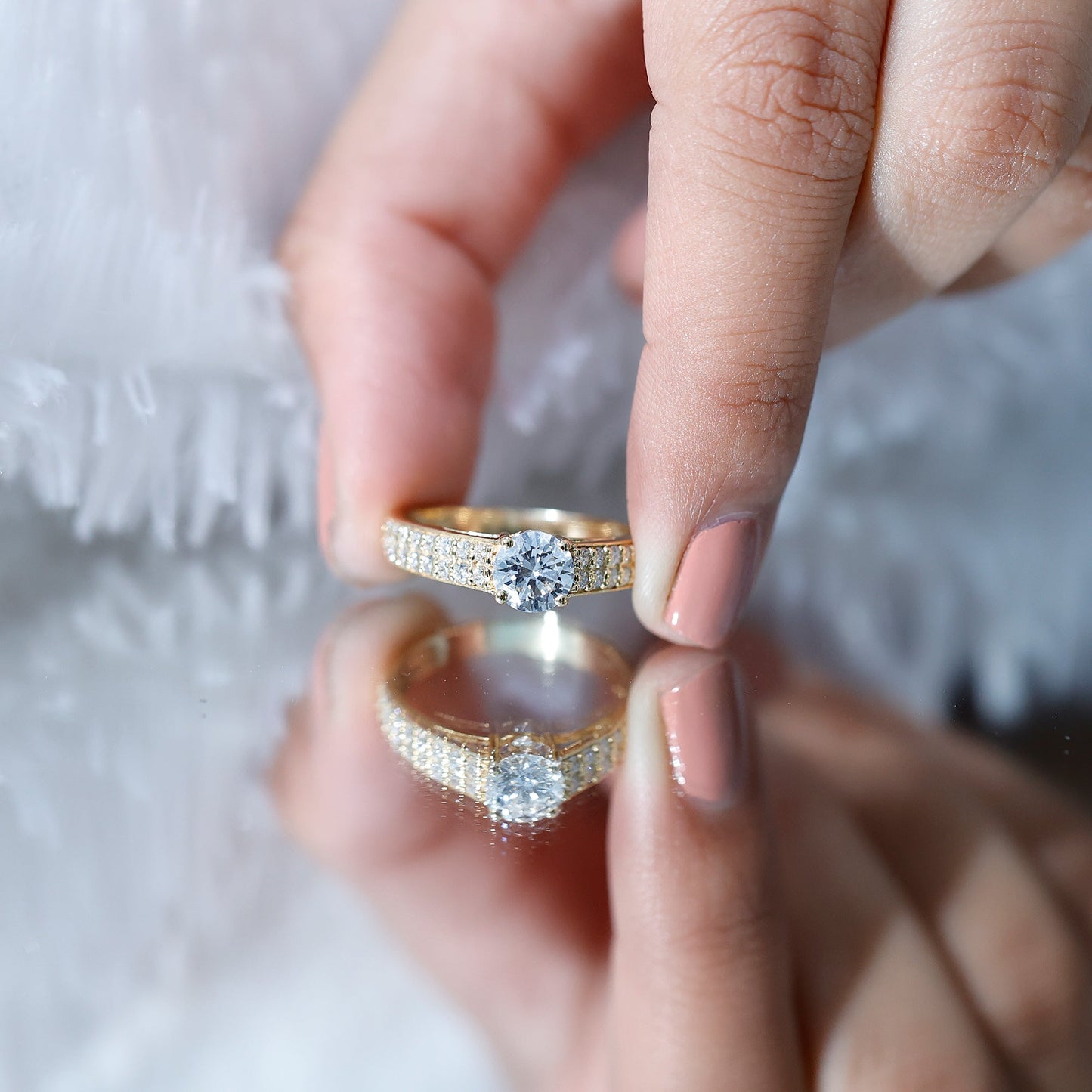 Round Moissanite Engagement Ring with Side Stones