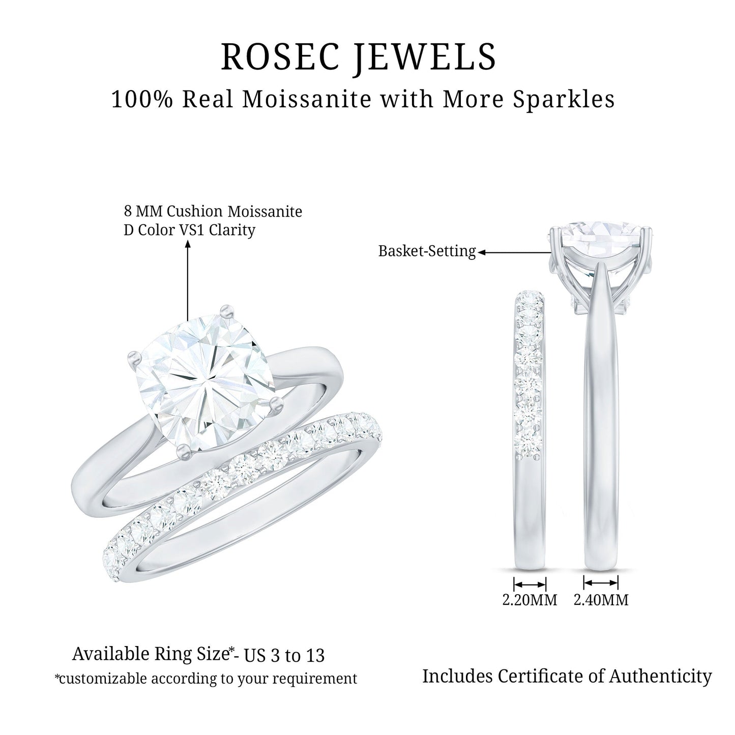 Cushion Cut Moissanite Solitaire Bridal Set with Certificate