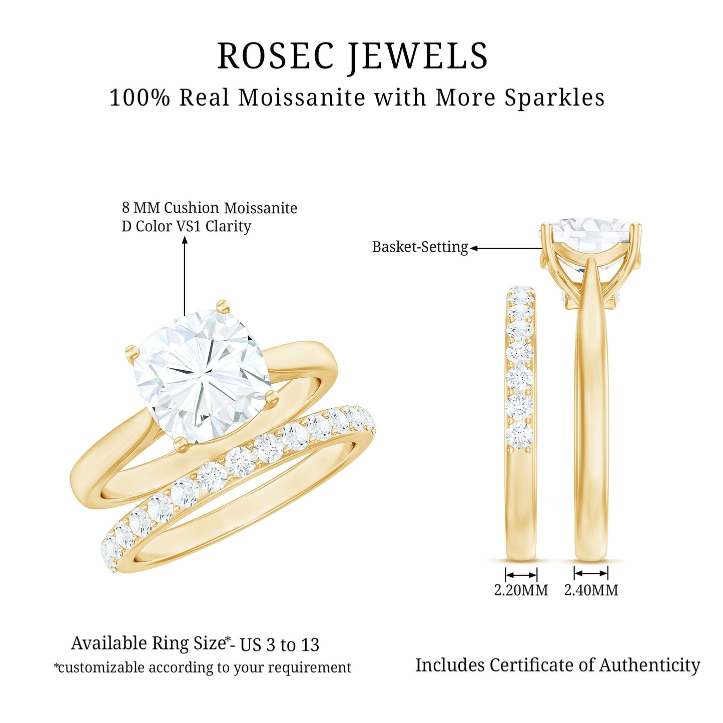 Cushion Cut Moissanite Solitaire Bridal Set with Certificate