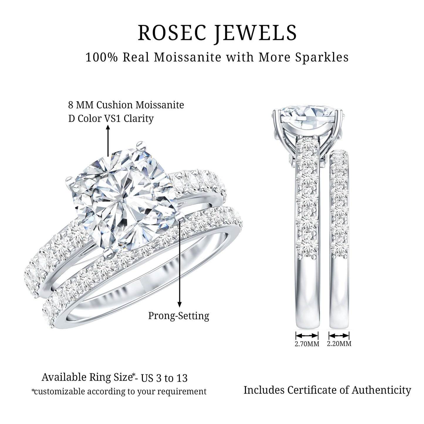 3 Carat Prong Set Moissanite Solitaire Engagement Ring with Wedding Band