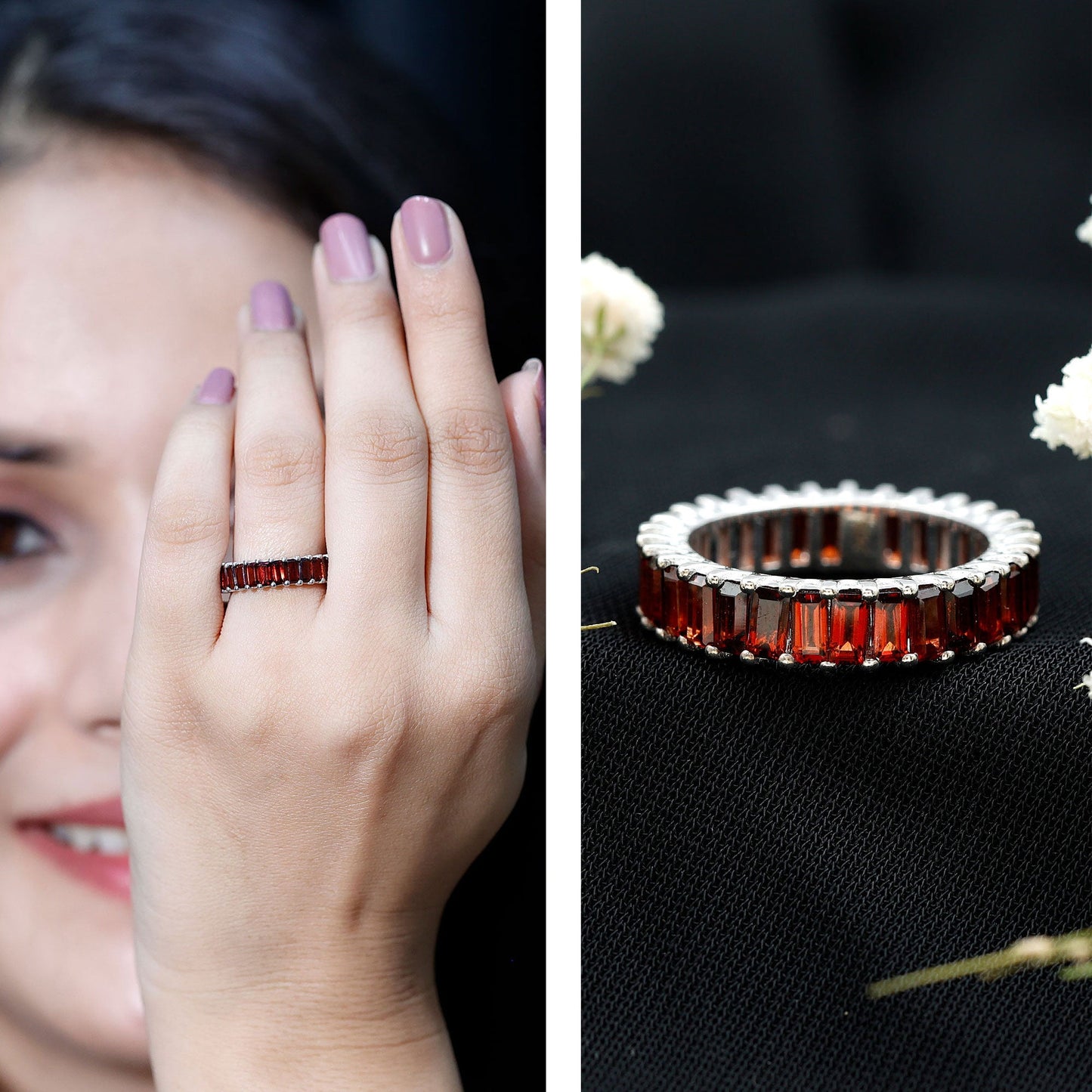 Certified Natural Baguette Garnet Eternity Band Ring