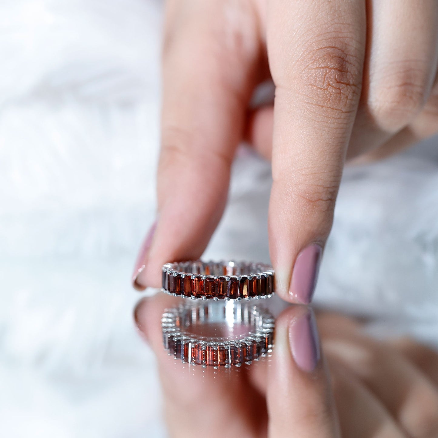 Certified Natural Baguette Garnet Eternity Band Ring