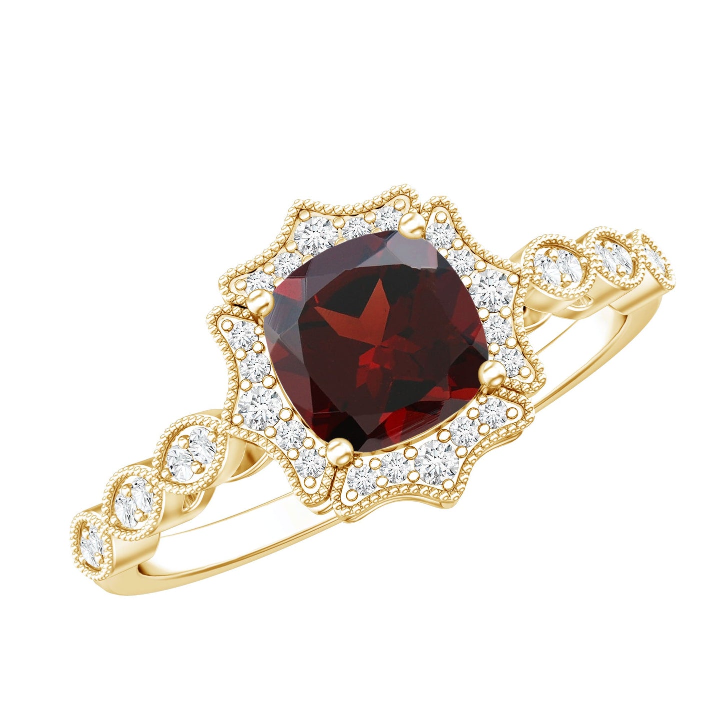 Vintage Looking 3.2 Carat Garnet Cushion Cut Engagement Ring with Diamond