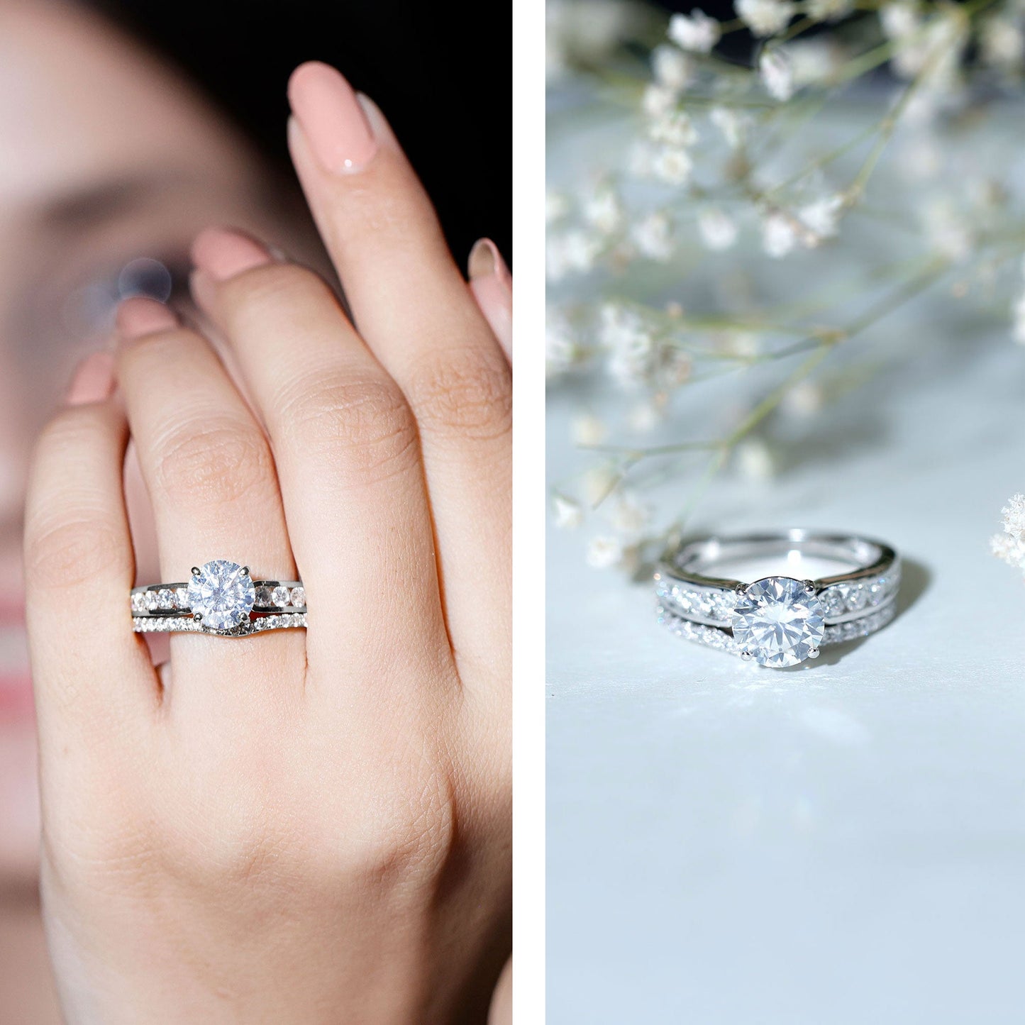 Certified 2 Carat Round Moissanite Engagement Ring with Wedding Band