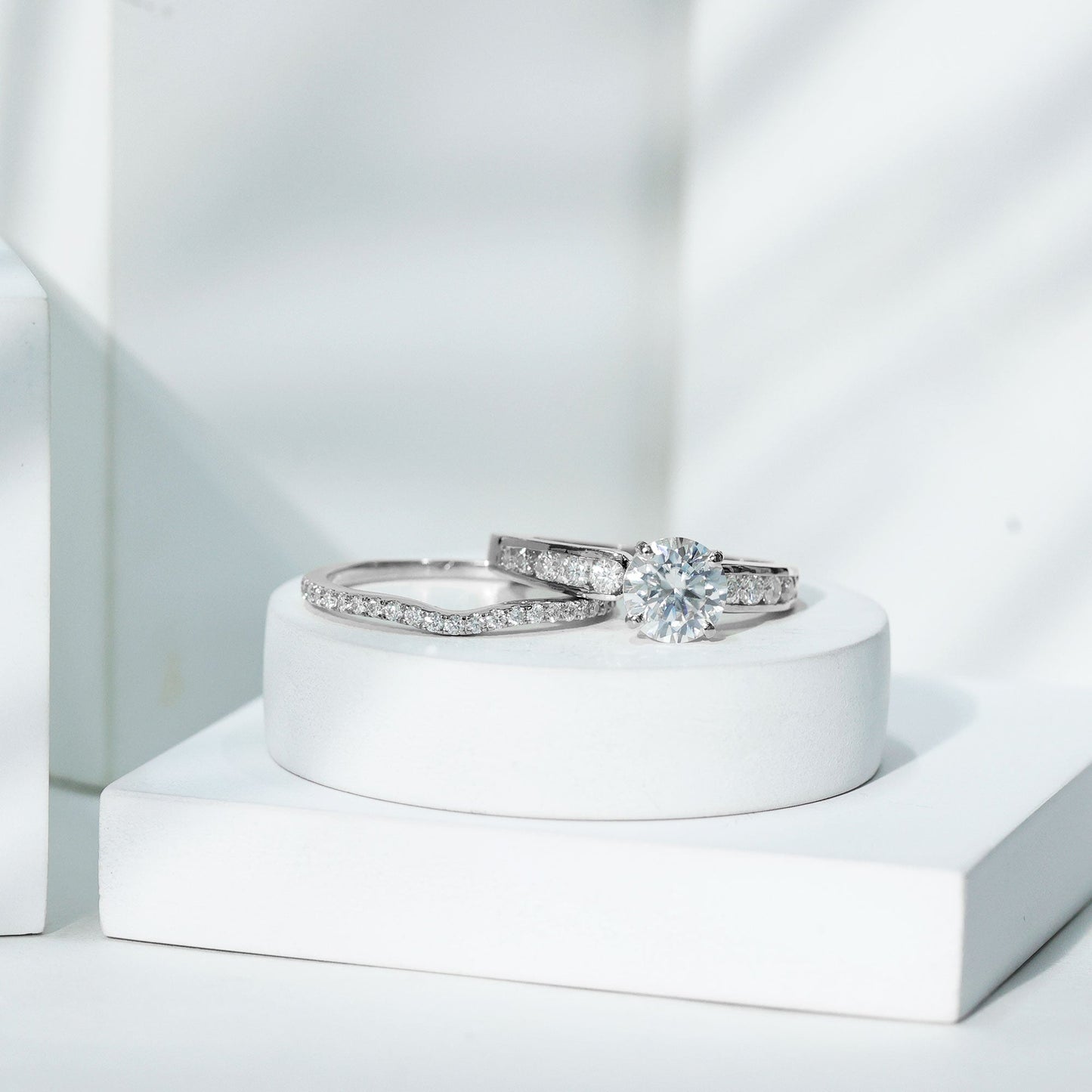 Certified 2 Carat Round Moissanite Engagement Ring with Wedding Band