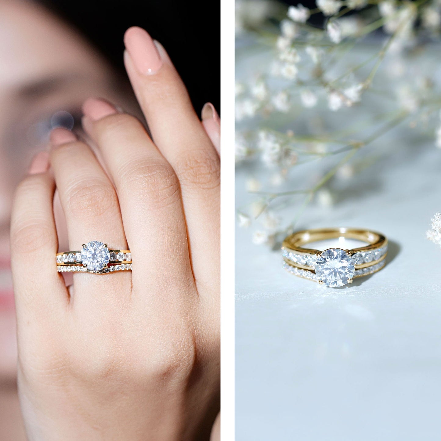 Certified 2 Carat Round Moissanite Engagement Ring with Wedding Band
