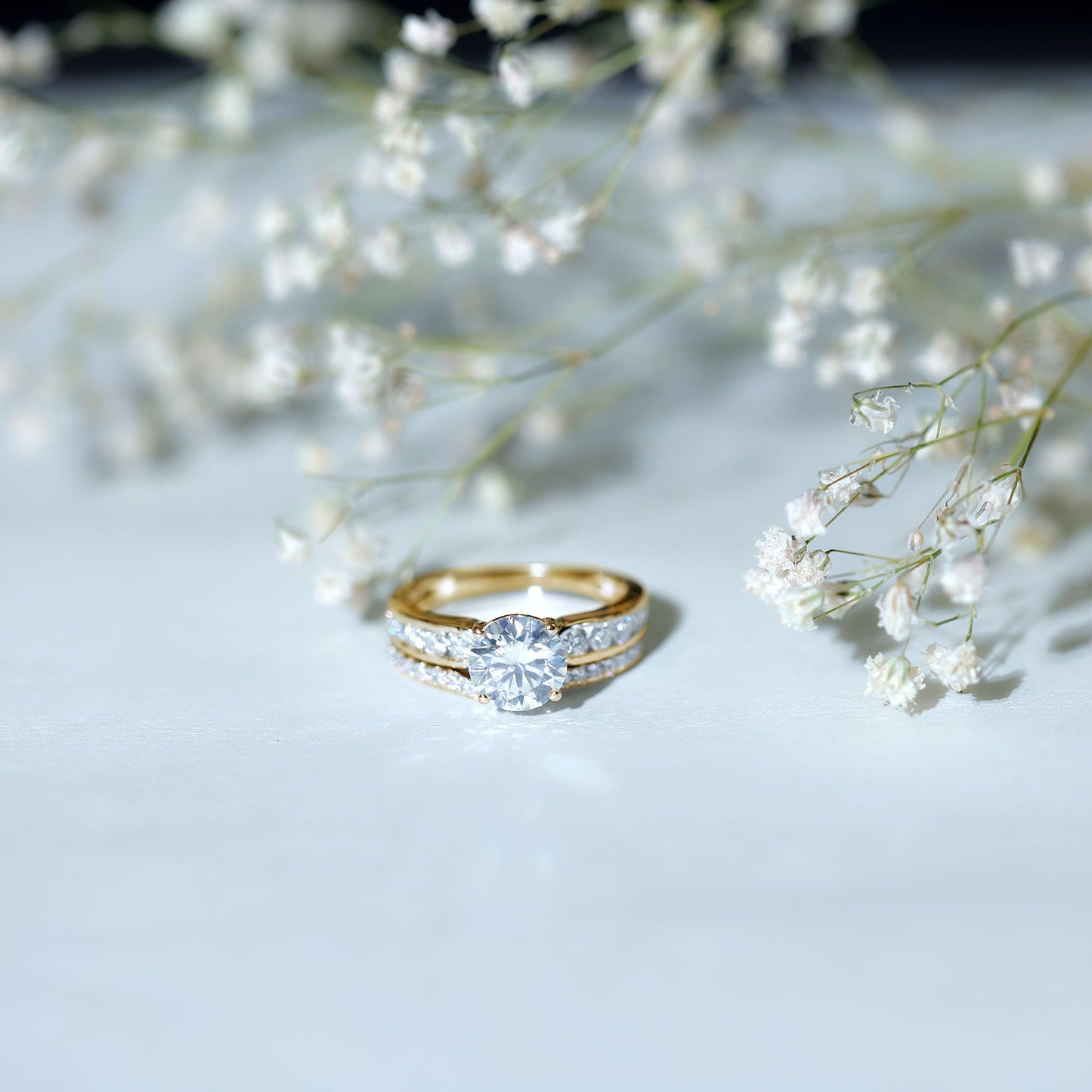 Certified 2 Carat Round Moissanite Engagement Ring with Wedding Band