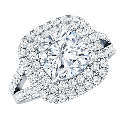 Certified Cushion Cut Moissanite Double Halo Engagement Ring