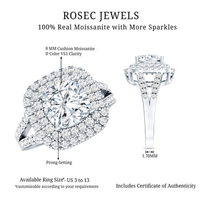 Certified Cushion Cut Moissanite Double Halo Engagement Ring