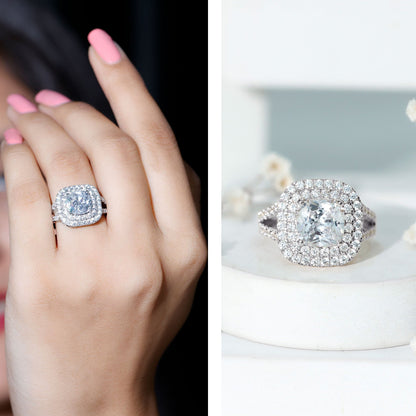 Certified Cushion Cut Moissanite Double Halo Engagement Ring