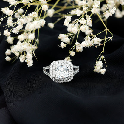 Certified Cushion Cut Moissanite Double Halo Engagement Ring