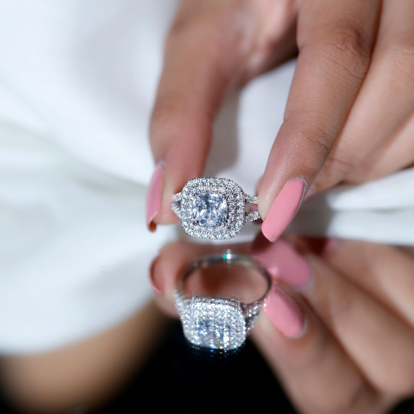 Certified Cushion Cut Moissanite Double Halo Engagement Ring