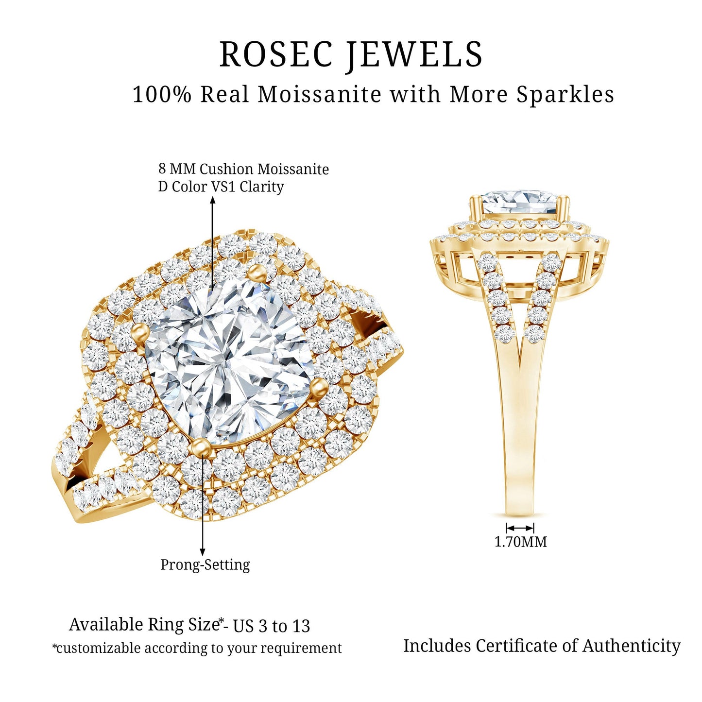 Certified Cushion Cut Moissanite Double Halo Engagement Ring