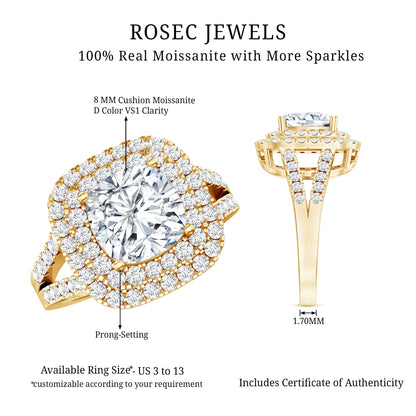 Certified Cushion Cut Moissanite Double Halo Engagement Ring