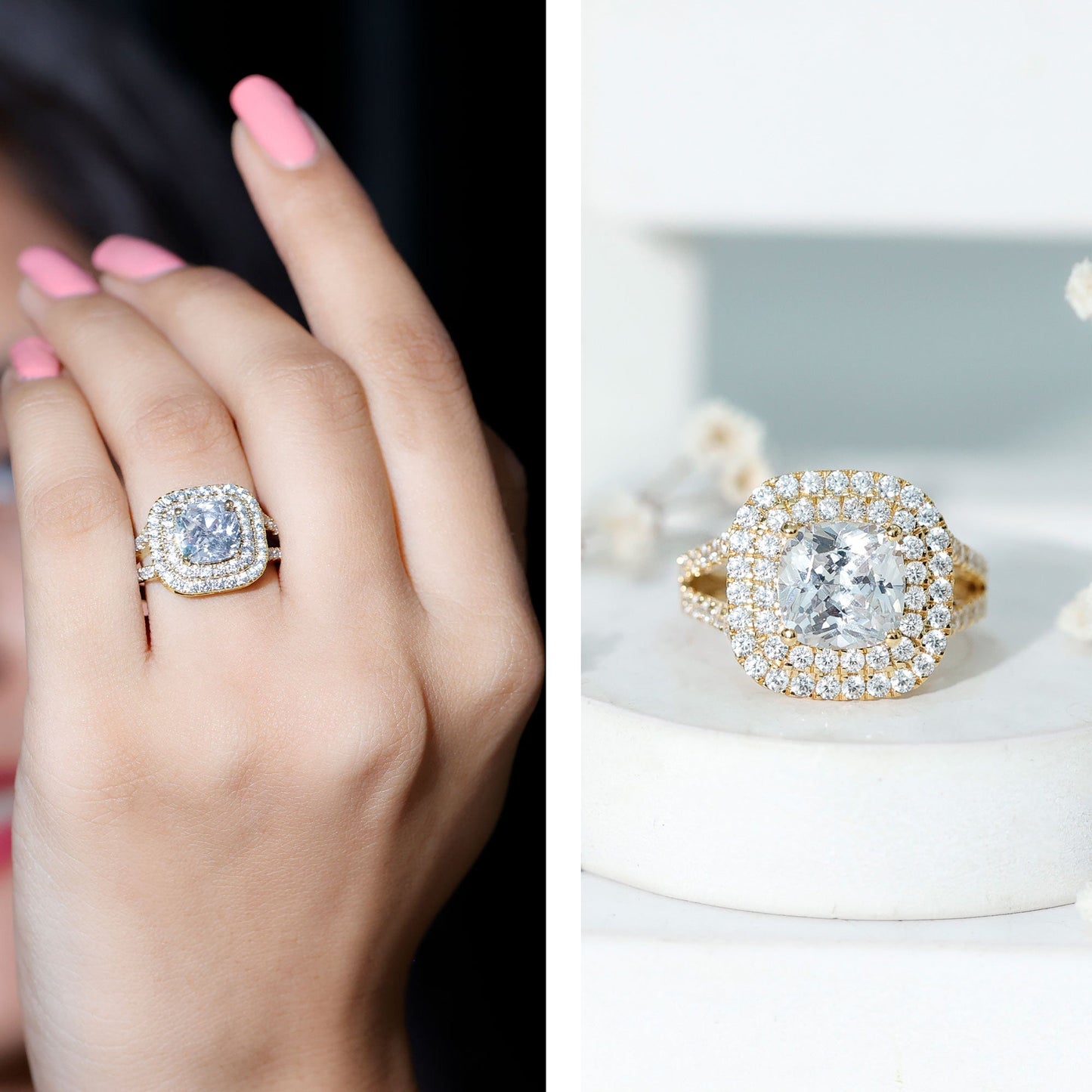 Certified Cushion Cut Moissanite Double Halo Engagement Ring