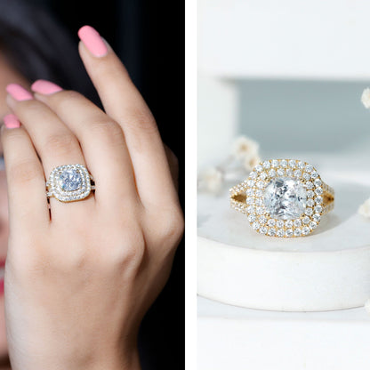 Certified Cushion Cut Moissanite Double Halo Engagement Ring