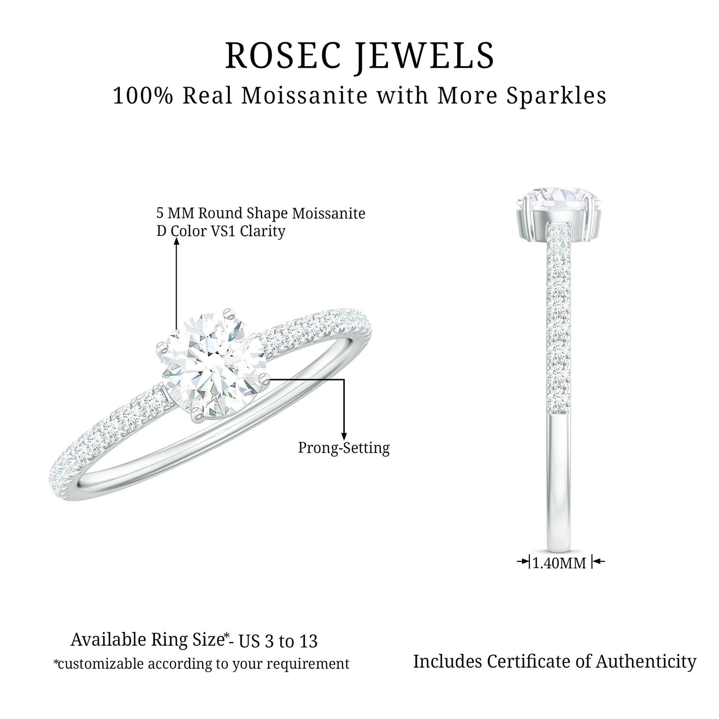 Round Shape Moissanite Solitaire Promise Ring with Side Stones