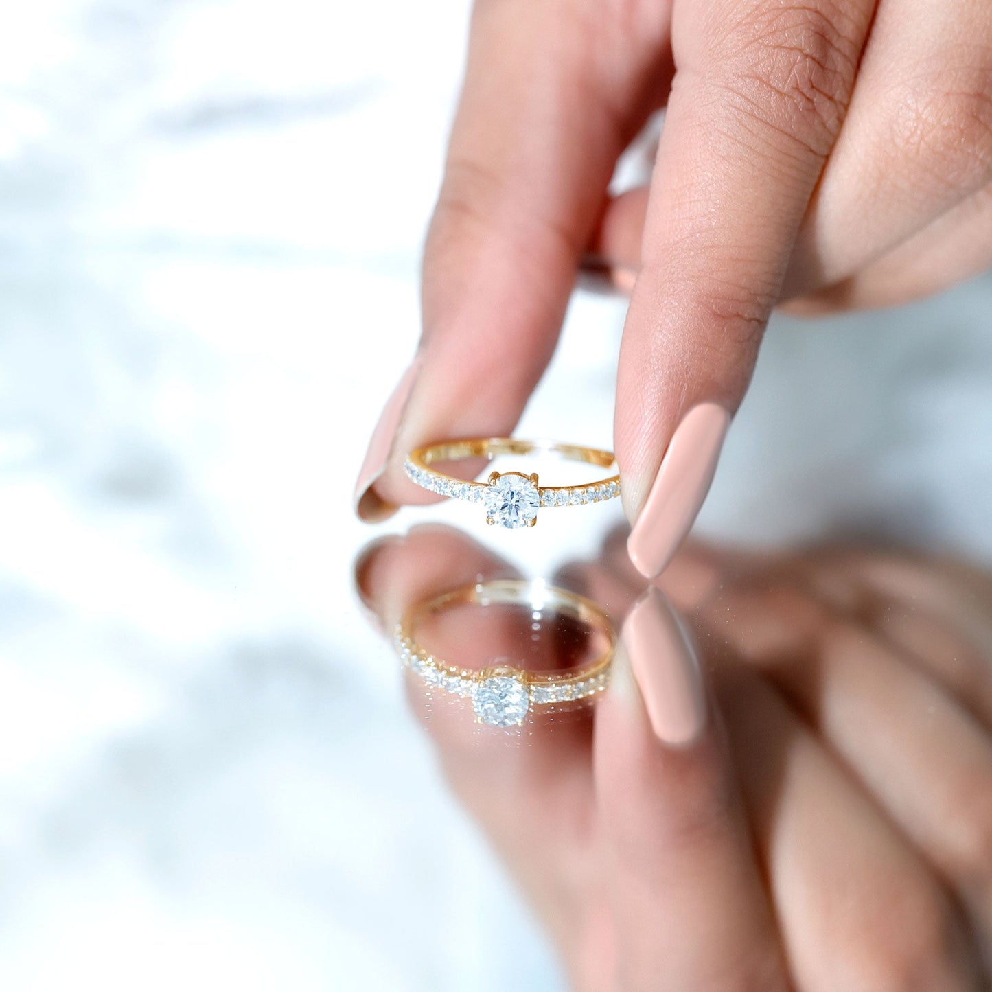 Round Shape Moissanite Solitaire Promise Ring with Side Stones